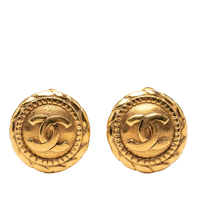 Gold Chanel CC Gold Plated Button Clip On Earrings in Gold from Designer Revival