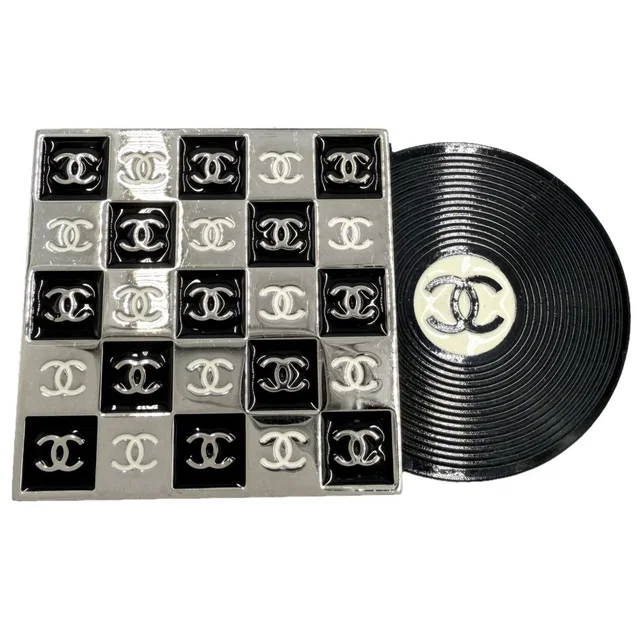 Chanel Brooch CC Logo Record Motif 04P Silver Black in Black from The Reluxe
