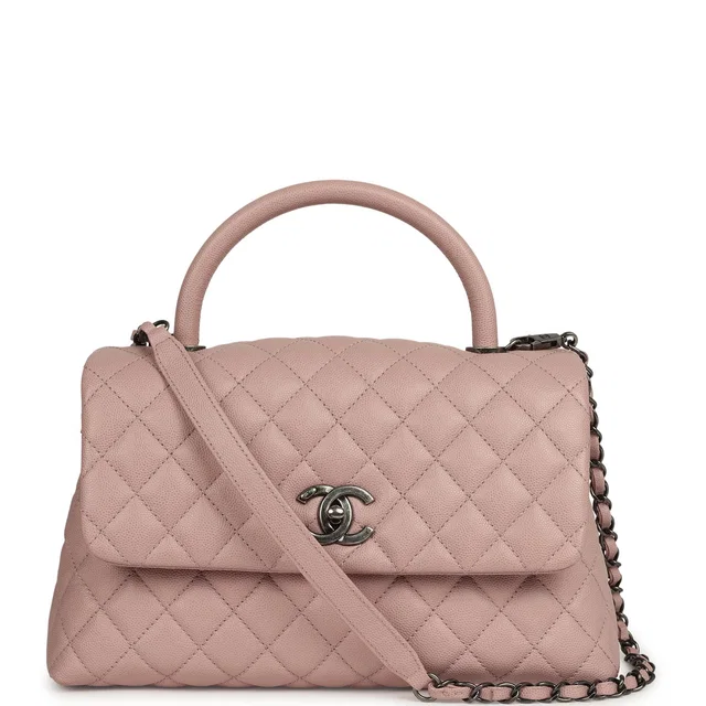 Chanel Medium Coco Handle Flap Bag Blush Caviar Aged Ruthenium Hardware in Pink Caviar leather from Madison Avenue Couture