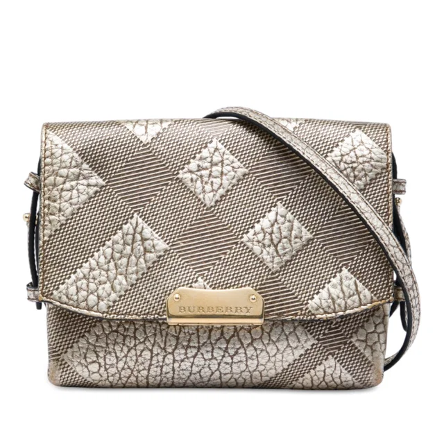 Gold Burberry Embossed Grain Check Leather Langley Crossbody in Gold Leather from Designer Revival