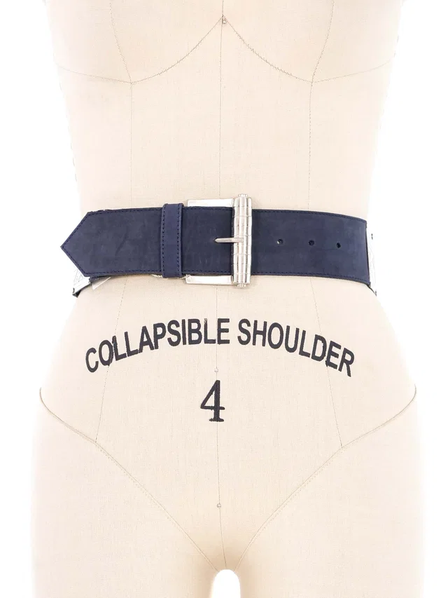 Versus Versace Stamped Metal Suede Navy Belt in Navy Suede from Arcade Vintage