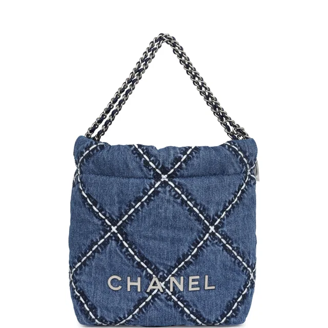 Chanel Mini 22 Bag Blue Stitched Denim Silver Hardware in Blue Denim from Madison Avenue Couture