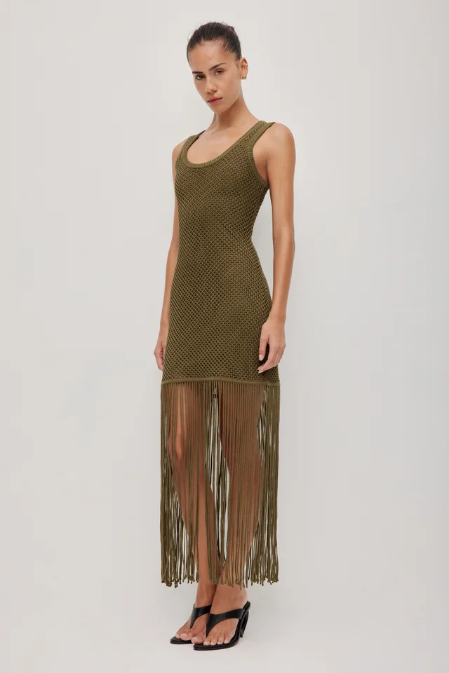 Aje Studio Velra Fringe Knit Dress in Green from Aje, photo 1 of 1