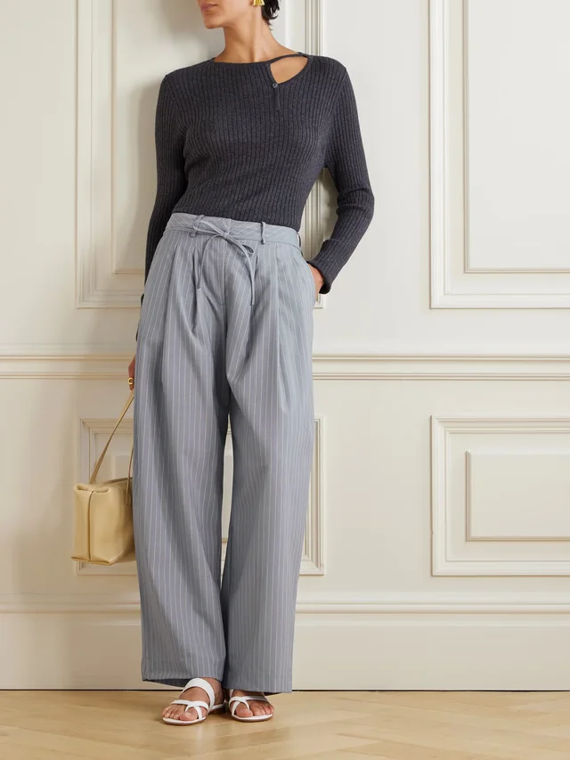 DEIJI STUDIOS Belted pleated striped wool straight-leg pants in Grey, photo 2 of 2 from NET-A-PORTER (Canada)