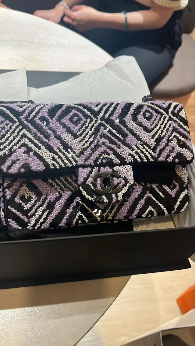 Chanel CC Regtangle Sequin Embroidered Flap Silver Shoulder Bag in, Black hardware in Silver from Luxury Promise