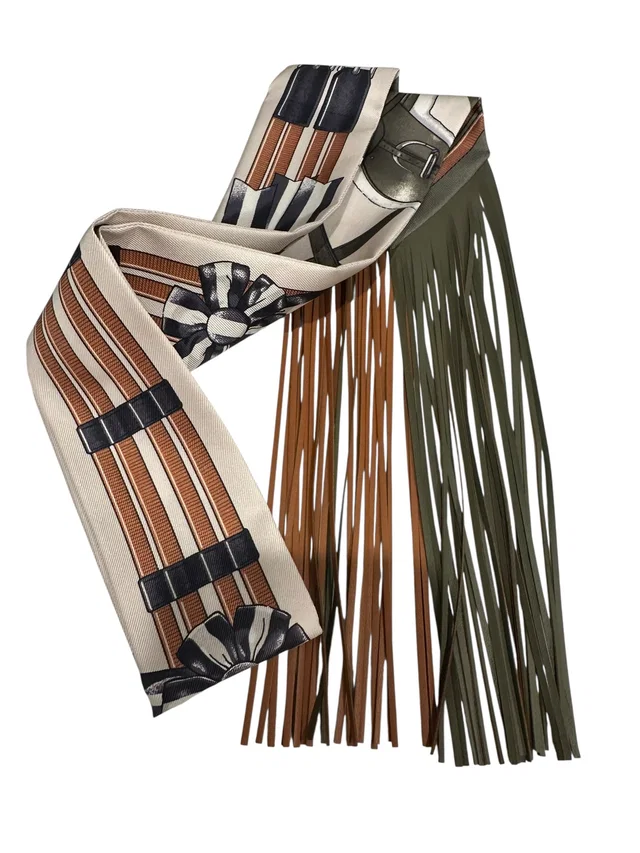 Hermès Gold/Ivory & Khaki Leather Fringe Twilly in White Leather from Luxury Promise