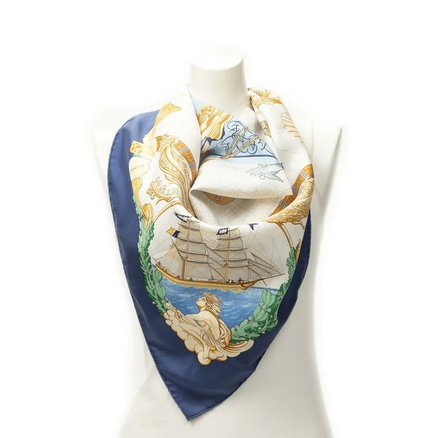 Hermès Scarf Navy Green White 100% Twillsilk in White Silk from The Reluxe