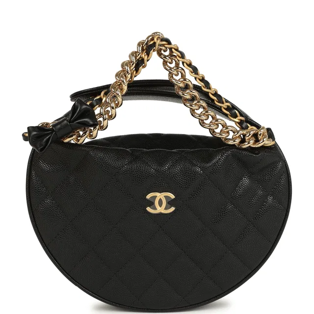 Chanel Mini Round Hobo Pouch Bag Black Shiny Caviar Mixed Metal Hardware in Black Caviar leather from Madison Avenue Couture