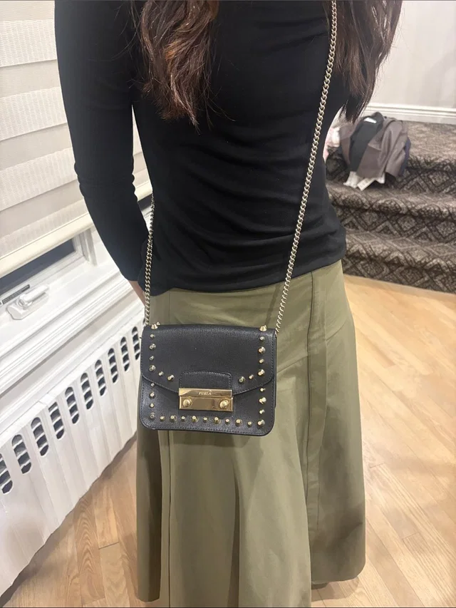 Furla Black Genuine Leather Crossbody With Gold Studs And Chain in black|gold Leather from Poshmark