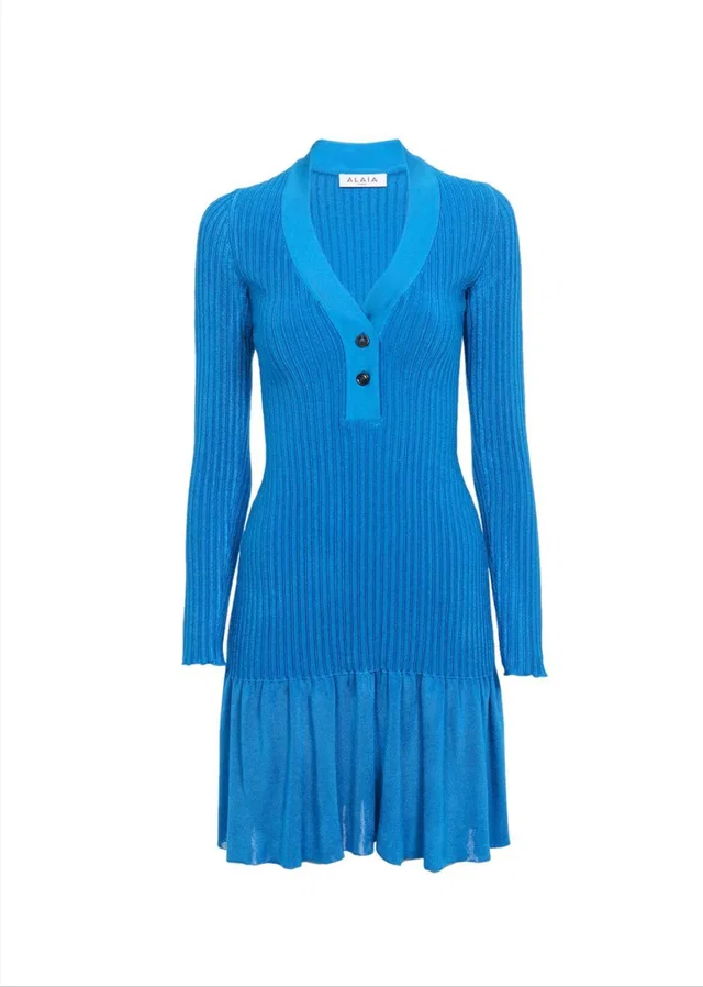 Alaïa Blue Ribbed Knit Short Dress in Blue from HEWI