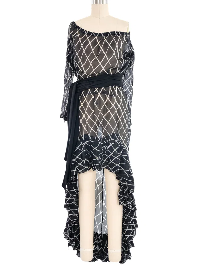 Saint Laurent Black and White Plaid Silk Chiffon Ruffle Dress in Black Silk from Arcade Vintage