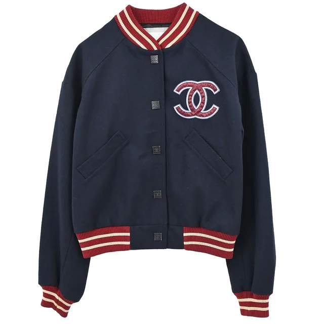 Chanel 2004 Sport Line Spring Letterman Bomber Jacket Navy #38 in Navy Wool from AMORE Vintage Tokyo