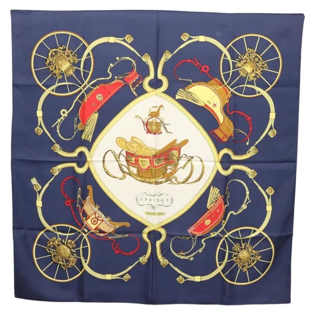 Hermès Carre 90 Scarf ""SPRINGS"" Silk Navy White Auth 117294 in White Silk from Luxury Promise