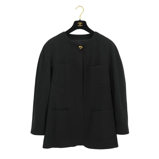 Chanel Vintage Coco Button No Collar Jacket Black Wool 42 Rtw in Black Wool from Luxury Promise