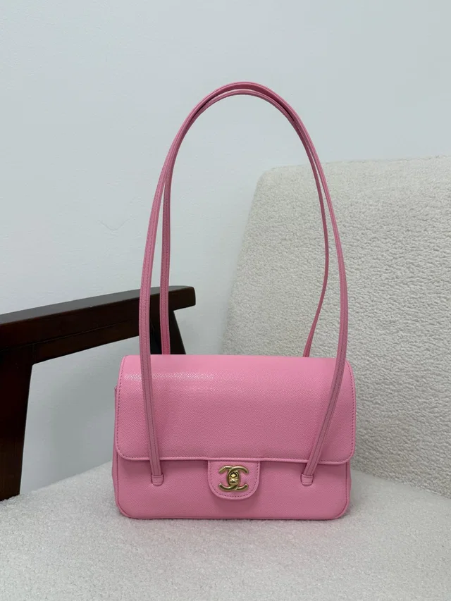 LONDON LOCATED* CHANEL 26 SMALL FLAP BAG PINK Grained Shiny Calfskin with Gold-Tone Metal in Pink Calfskin from Luxury Promise
