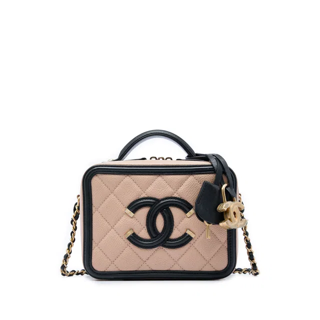 Brown Chanel Small Bicolor Caviar CC Filigree Vanity Case Satchel in Brown Caviar leather from Designer Revival