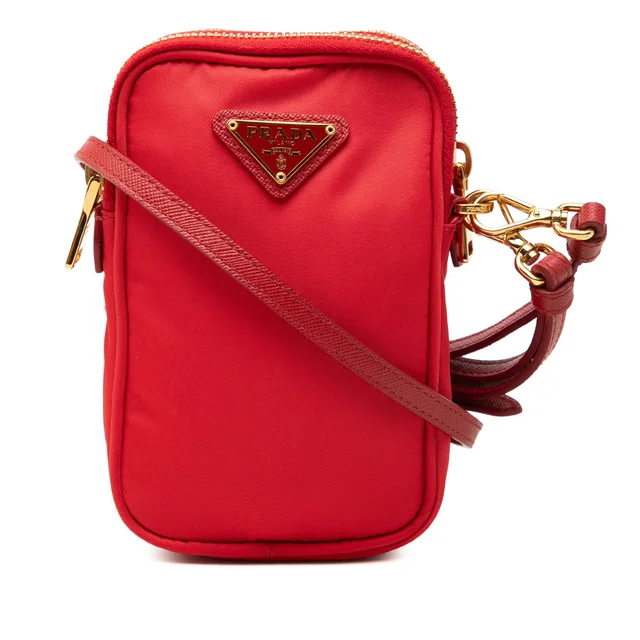 Red Prada Tessuto Double Zip Phone Case Crossbody Bag in Red Saffiano leather from Designer Revival