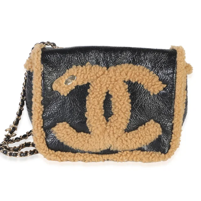 Chanel Black Shiny Crumpled Sheepskin Shearling CC Mania Flap Bag in Black Leather from myGemma