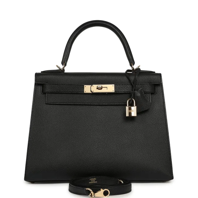 Hermès Special Order (HSS) Kelly Sellier 28 Black Chevre Mysore Permabrass Hardware in Black Goatskin from Madison Avenue Couture