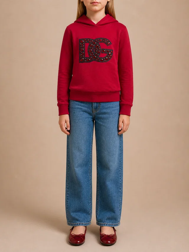 Dolce & Gabbana Kids Red Hooded Sweater with Crystal Embellished Logo Size 9/10 years in Red from Sellier