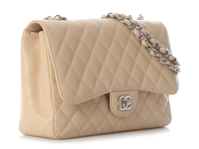Chanel Jumbo Beige Quilted Caviar Classic Single Flap in Beige Caviar leather from Ann's Fabulous Finds, photo 5 of 9