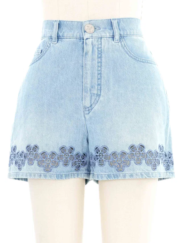 2024 Chanel Embroidered Floral Denim Shorts in Denim from Arcade Vintage