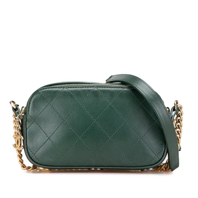 Green Chanel Stitched Calfskin and Grosgrain Button Up Double Zip Camera Bag in Green Calfskin from Designer Revival