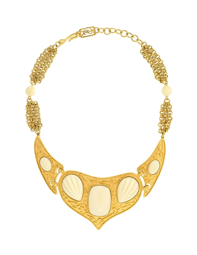 Saint Laurent Vintage White Cabochon Brushed Gold Plaque Multistrand Necklace in White Resin from Amarcord Vintage Fashion