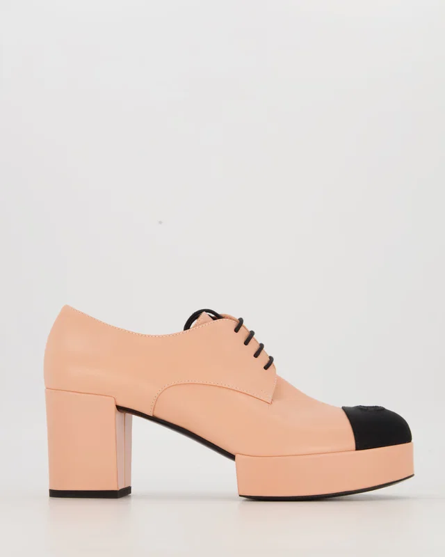 Pink Lace Up Platform Block Heel Brogues with Black Chanel CC Toe Cap Size EU 39.5 in Black from Sellier