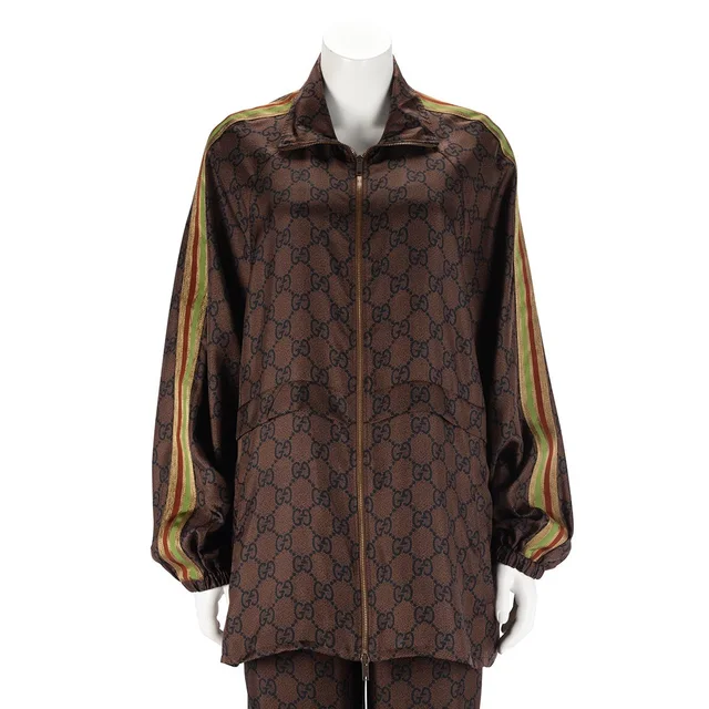 Gucci GG Supreme Zip Jacket L in Brown Silk from Blue Spinach