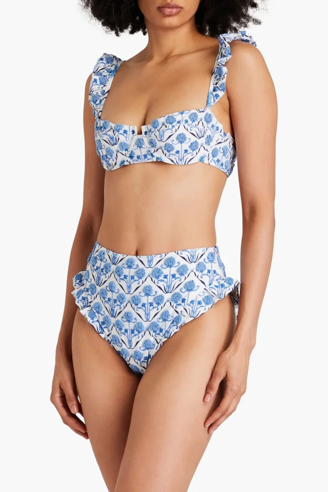 Agua by Agua Bendita Jenjibre Ventura Embroidered Ruffled Bikini Briefs in Blue, photo 2 of 8 from THE OUTNET