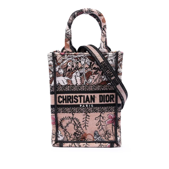 Pink Dior Mini Embroidered Canvas Jardin Magique Vertical Book Tote Satchel in Pink Canvas from Designer Revival