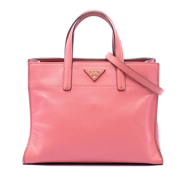 Pink Prada Saffiano Soft Triple Pocket Tote Satchel in Pink Saffiano leather from Designer Revival