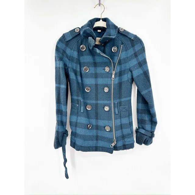 Burberry Brit Blue Full Nova Check Plaid Wool Pea Coat Jacket Women’s Size 2 in blue Wool from Poshmark