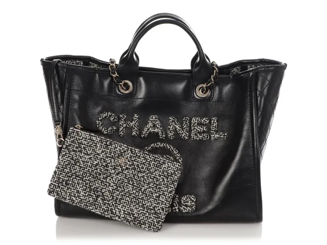 Chanel Large Black Leather Calfskin and Tweed Deauville Tote in Black Calfskin from Ann's Fabulous Finds, photo 2 of 10