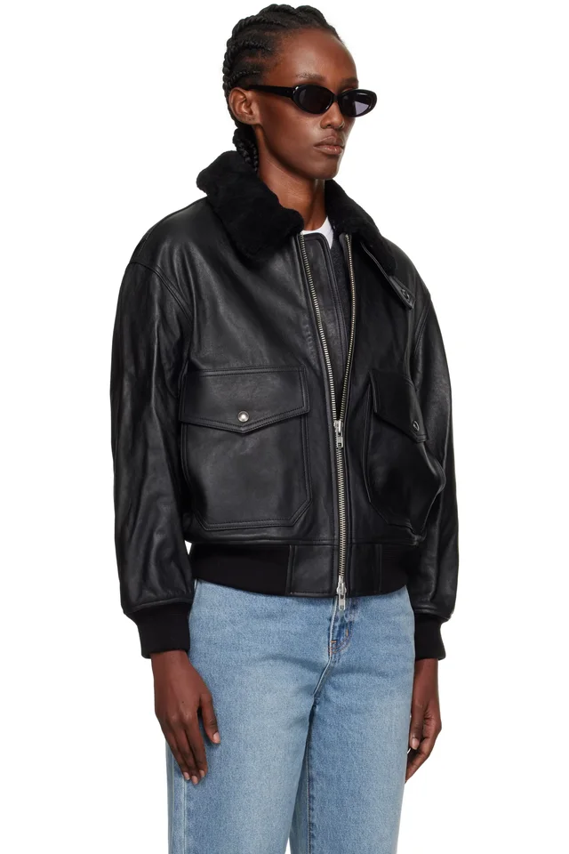 Dunst Black A-2 Shearling Collared Leather Jacket, photo 2 of 4 from SSENSE