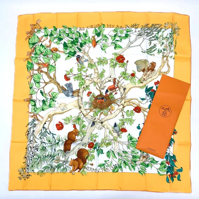 Hermès Carre 90 AU Coeur Des Bois in Orange Silk from The Reluxe