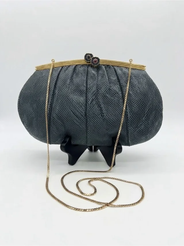 Vtg 80s Judith Leiber Dark Teal Blue Snakeskin Frame Clutch Bag Gold Chain Strap in gold|blue Satin from Poshmark