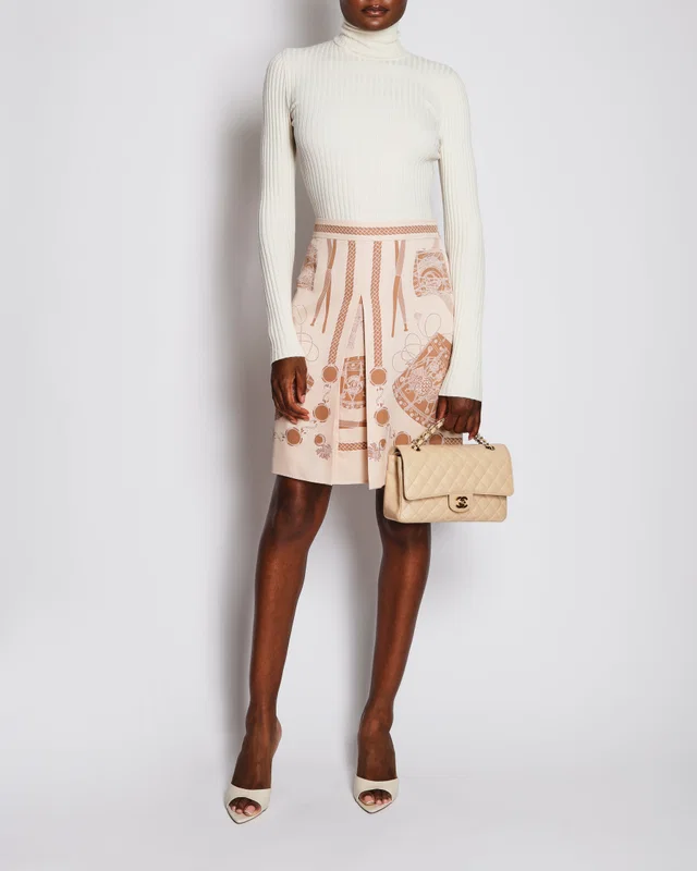 Hermès Beige Les Tambours Finesse Midi Skirt Size FR 38 (UK 10) in Beige Silk from Sellier