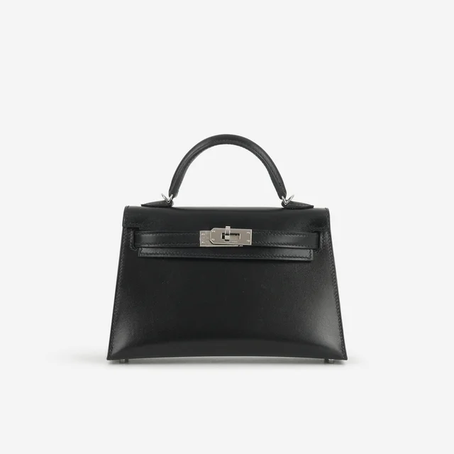 Hermès Mini Kelly - Black Box Calf | Palladium Hardware in Black Box Calf from Bagista