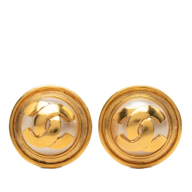 Gold Chanel CC Gold Plated and Faux Pearls Clip On Earrings in Gold from Designer Revival
