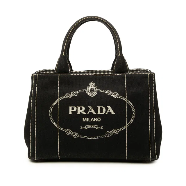 Black Prada Small Canvas Canapa Logo Tote Satchel in Black Canvas from Designer Revival