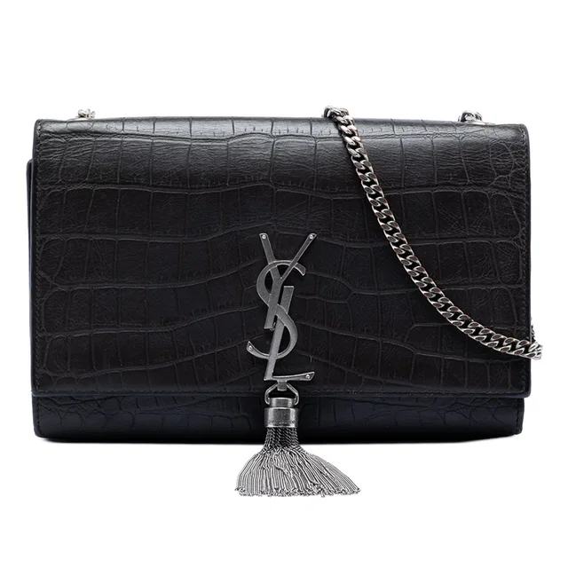Black Saint Laurent Medium Croc Embossed Leather Kate Tassel Crossbody in Black Crocodile from Designer Revival