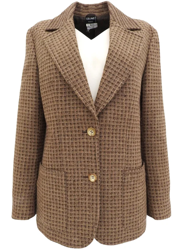 Celine Block Check Pattern Logo Button Jacket #36 Beige/Brown in Brown Wool from VINTAGE QOO TOKYO