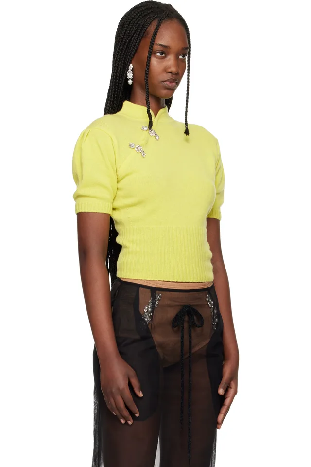 Simone Rocha Green Embellished Mandarin Collar Cashmere Sweater, photo 2 of 2 from SSENSE