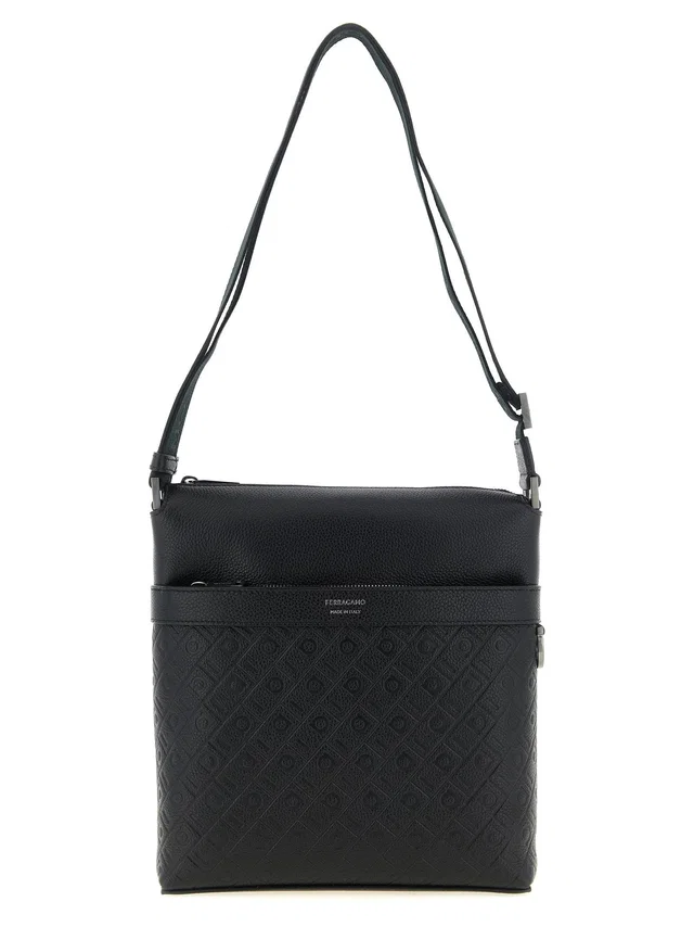 Ferragamo Monogram Embossed Crossbody Bag — Black Hammered Calf Leather in Black Calfskin from HEWI
