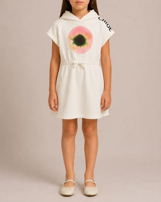 Chloé Kids White Hooded Dress with Pink Eye and Black Logo Print Size 10 years in Black from Sellier