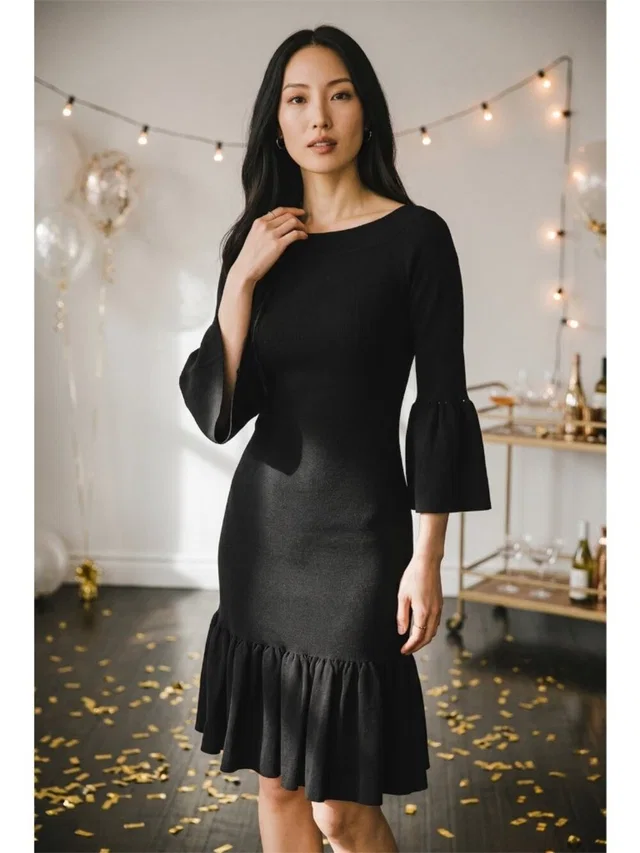 SIMKHAI Bell Sleeve Ruffle Hem Mini Dress Xs Lbd Cocktail Knit in black Nylon from Poshmark