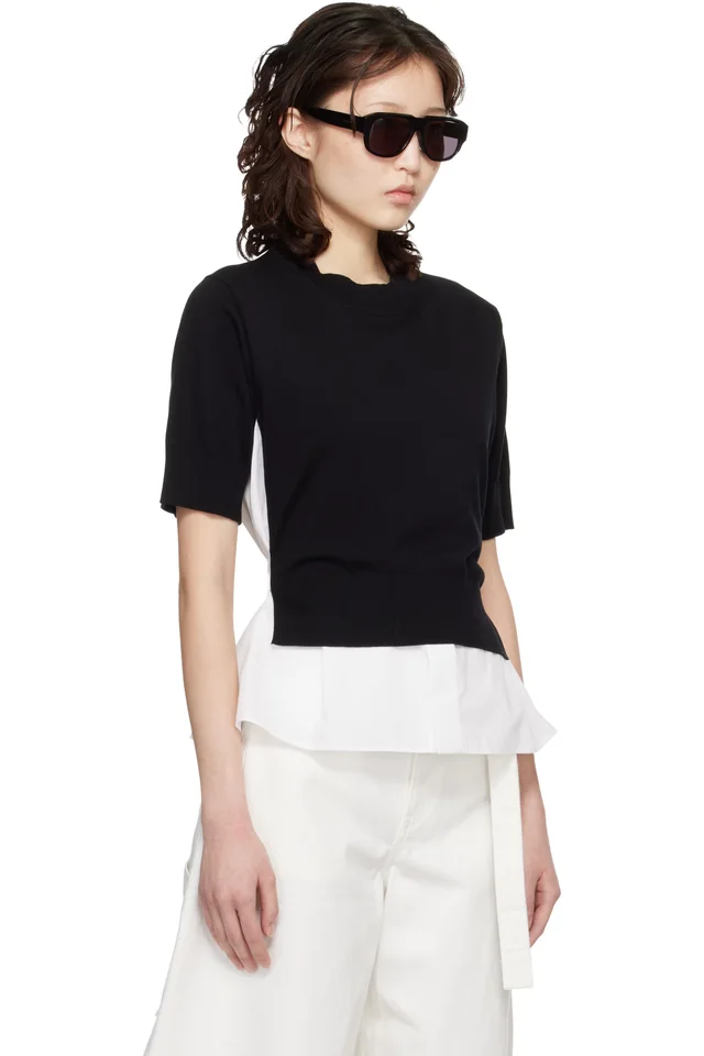 sacai White & Black Poplin Cotton Knit Sweater, photo 2 of 4 from SSENSE