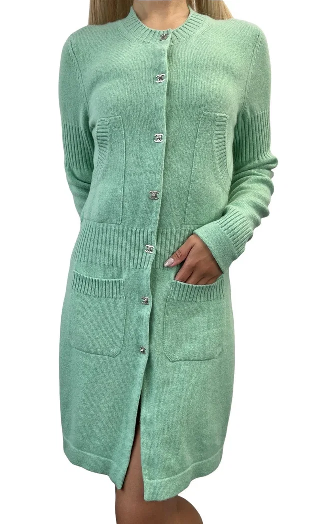 Chanel Vintage P52425 CC Turnlock Logo Knit Cardigan Dress #38 Cashmere Green in Green Cashmere from Luxury Promise